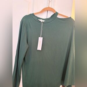Green Cold Shoulder Ribbed Long Sleeve Top